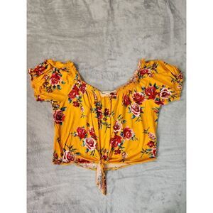 H&M Divided Off Shoulder Crop Top Medium Women's Juniors Yellow Floral